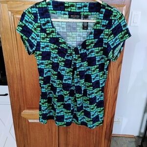 Rafaella Teal-Green & Navy Geometric Tie-Front Short Sleeve Top